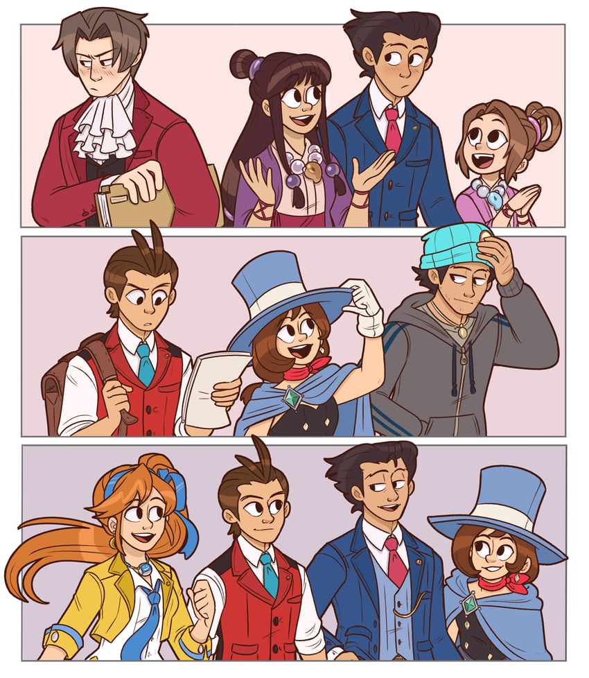 phoenix wright, miles edgeworth, maya fey, apollo justice, trucy wright, and 2 more (ace attorney and 4 more) drawn by paula_peroff