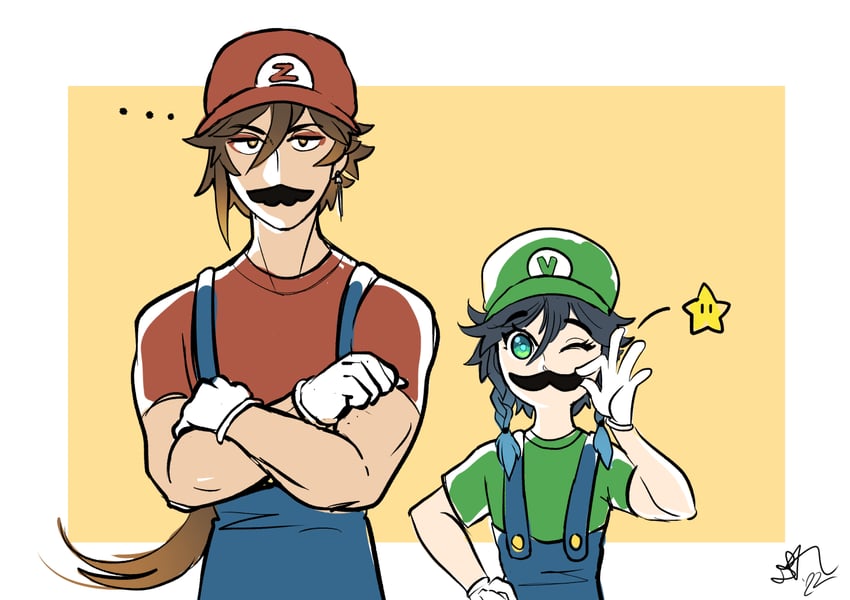 zhongli, venti, mario, and luigi (genshin impact and 1 more) drawn by jueyunvibin