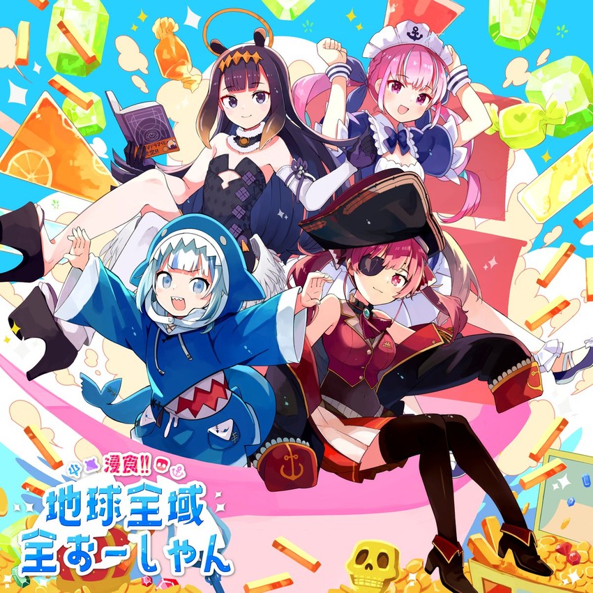 gawr gura, houshou marine, ninomae ina'nis, and minato aqua (hololive and 1 more) drawn by namo_(goodbyetears)
