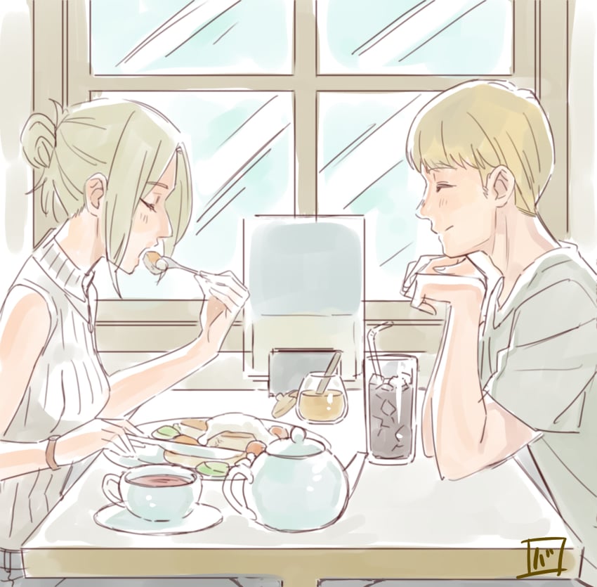 armin arlert and annie leonhart (shingeki no kyojin) drawn by grasshopper193