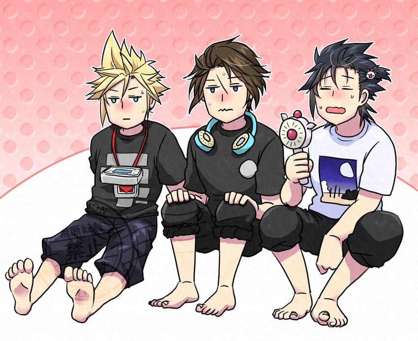 cloud strife, moogle, squall leonhart, and noctis lucis caelum (final fantasy and 3 more) drawn by k516oshitemairu