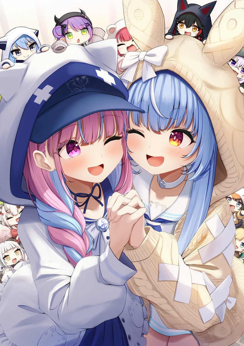 houshou marine, hoshimachi suisei, usada pekora, nekomata okayu, minato aqua, and 6 more (hololive) drawn by kaigan