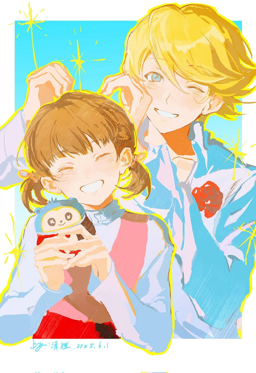 kuma and doujima nanako (persona and 1 more) drawn by qchng