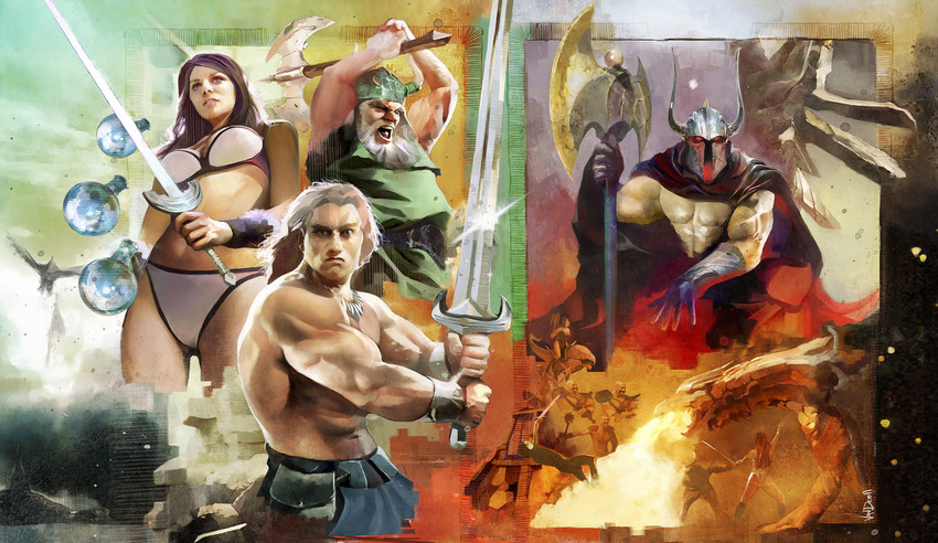tyris flare, death-adder, gilius thunderhead, and ax battler (golden axe) drawn by daniel_oduber