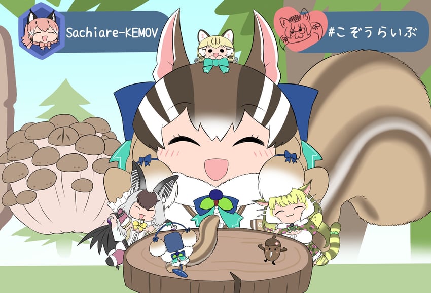 caracal, brown long-eared bat, siberian chipmunk, jungle cat, geoffroy's cat, and 1 more (kemono friends and 1 more) drawn by bokoboko_(pandagapanda1)