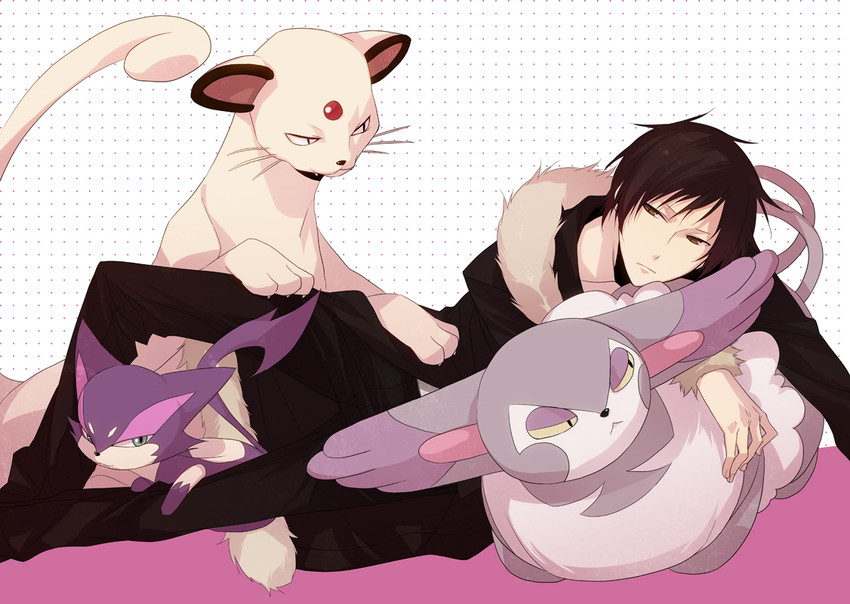 orihara izaya, purrloin, persian, and purugly (pokemon and 1 more) drawn by xia_(ryugo)