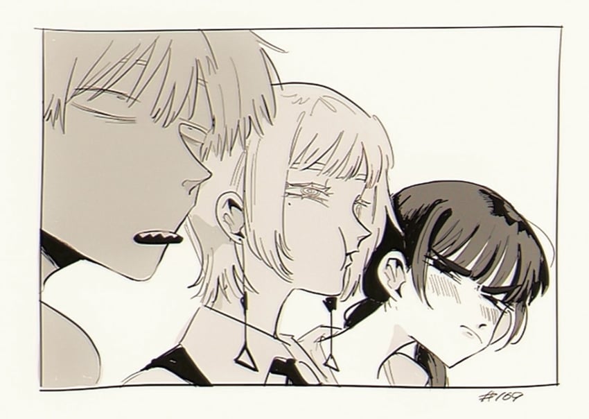 denji, mitaka asa, and fami (chainsaw man) drawn by gaganbo_(shuuu85372871)