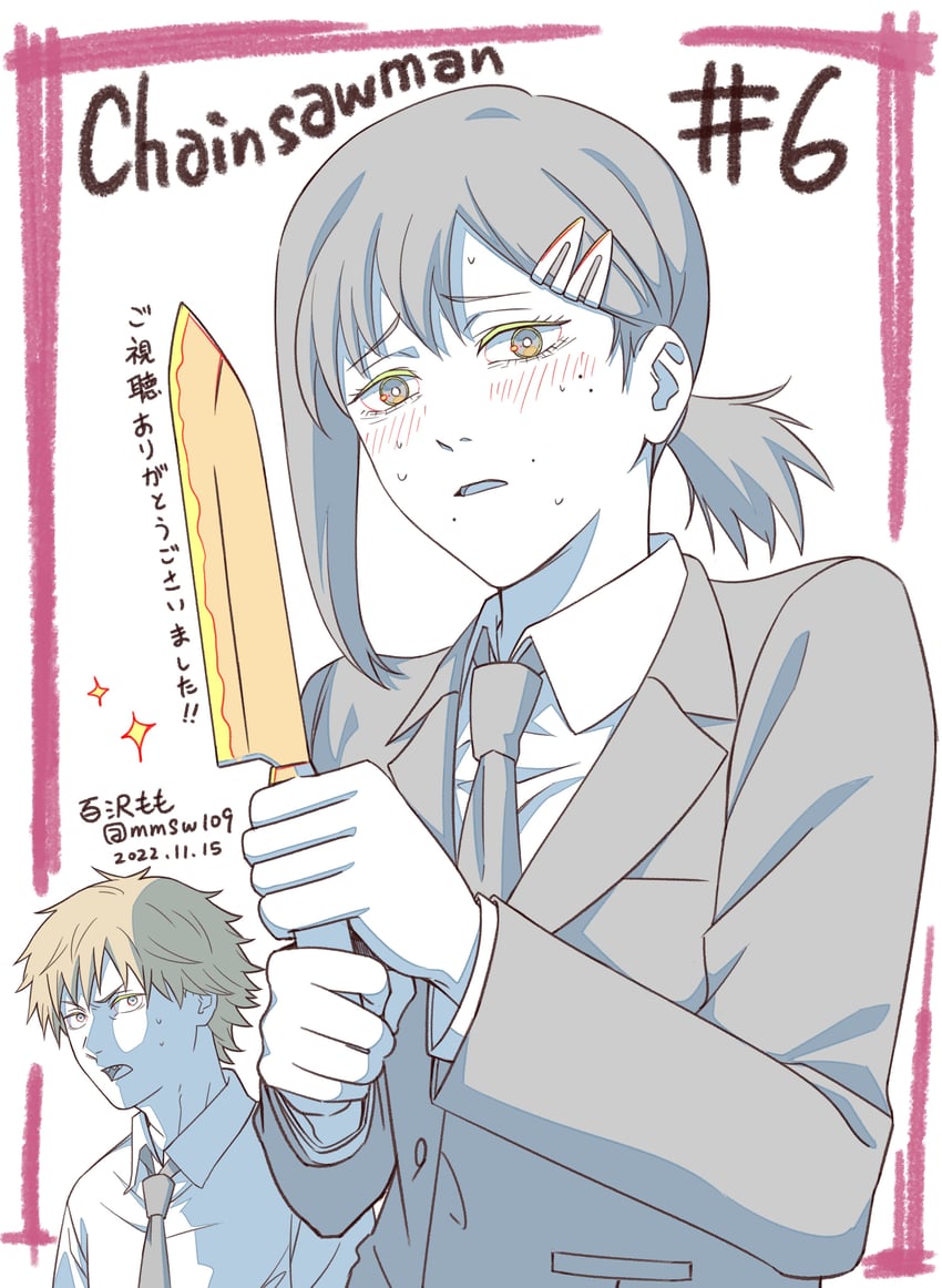 denji and higashiyama kobeni (chainsaw man) drawn by momosawa_momo