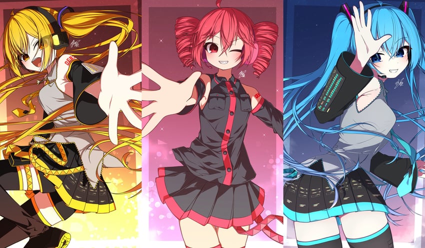 hatsune miku, kasane teto, and akita neru (vocaloid and 2 more) drawn by yoruui_1128