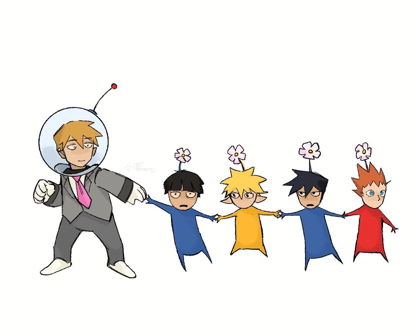 kageyama shigeo, red pikmin, olimar, yellow pikmin, reigen arataka, and 4 more (pikmin and 1 more) drawn by closet_thing