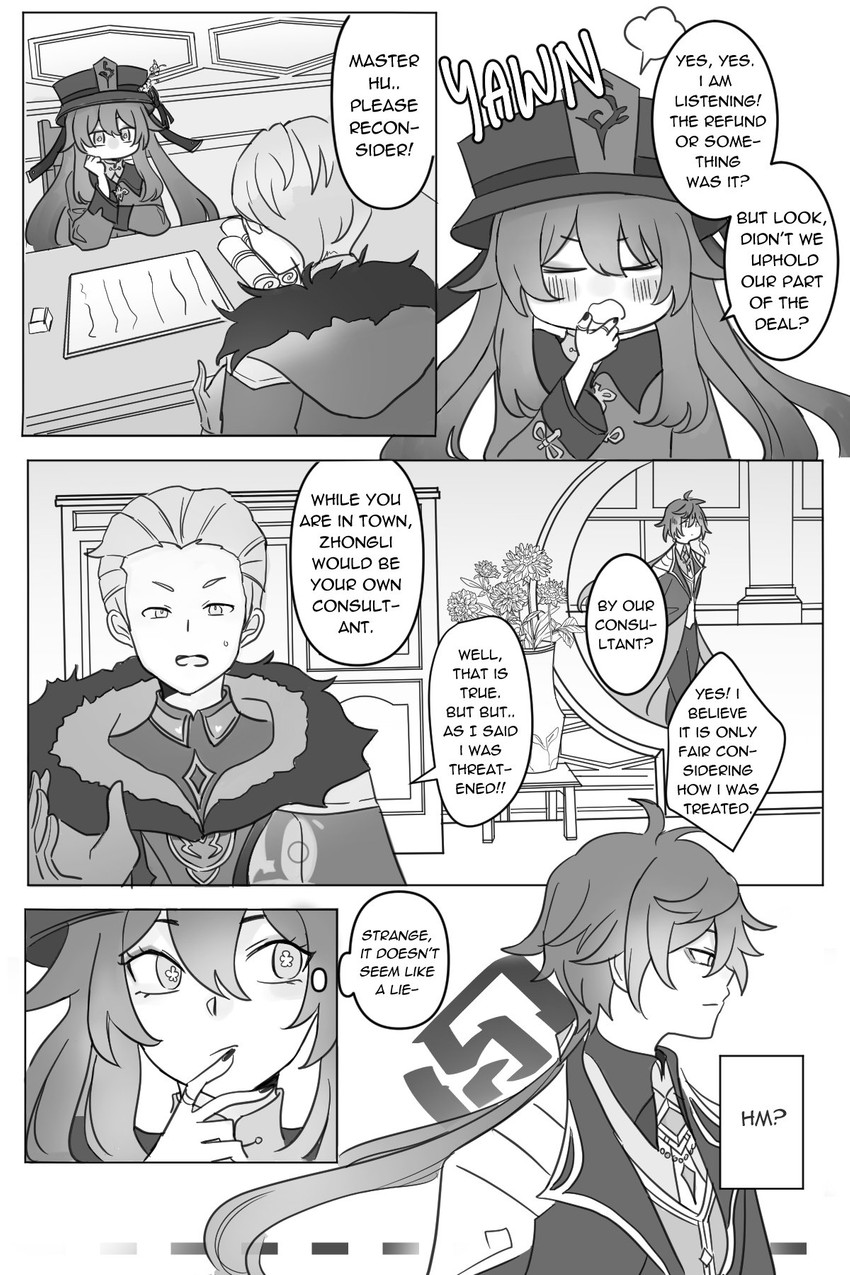 hu tao, zhongli, and kliment (genshin impact) drawn by coffee_raya
