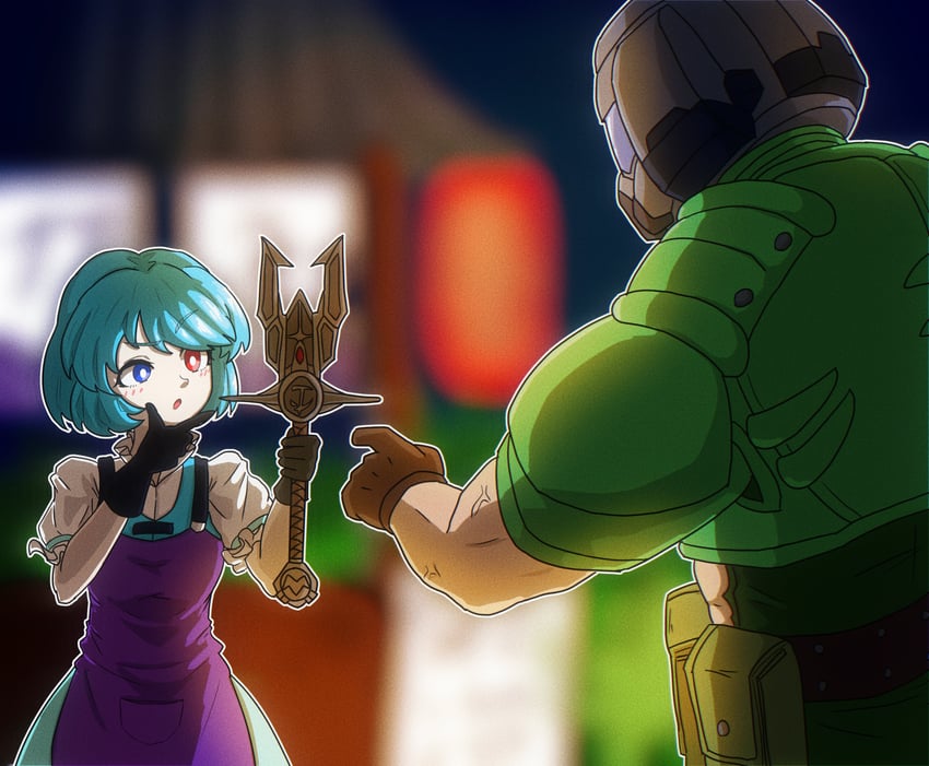 tatara kogasa and doomguy (touhou and 2 more) drawn by sleepymoon