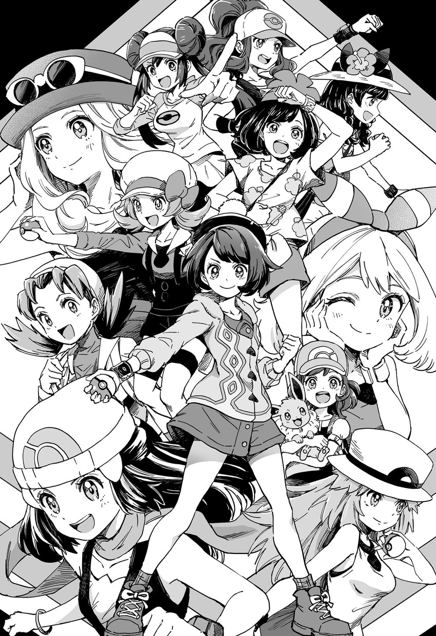 dawn, may, rosa, hilda, gloria, and 7 more (pokemon and 12 more) drawn by sharumon
