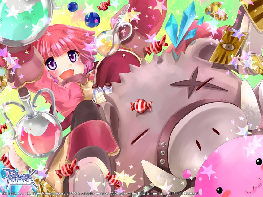 poring, merchant, and savage (ragnarok online) drawn by alice_(afternoon_gleam)