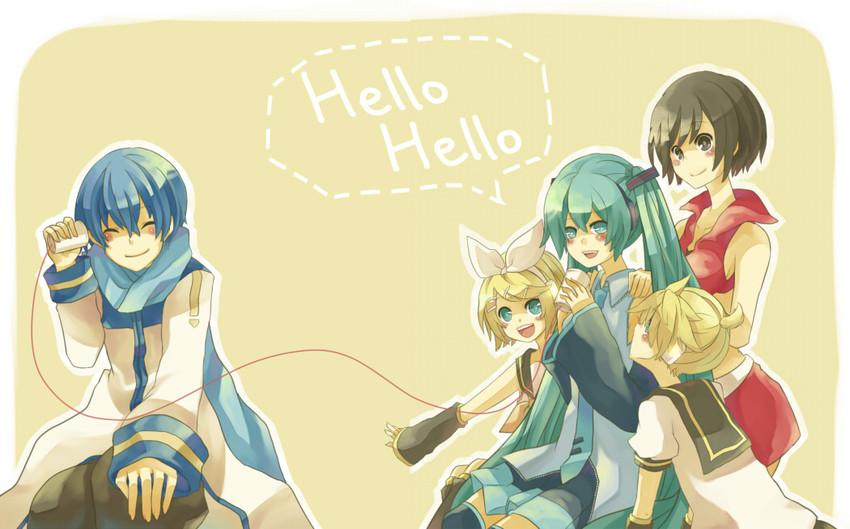 hatsune miku, kagamine rin, kagamine len, kaito, and meiko (vocaloid) drawn by mugi_(twinbox)