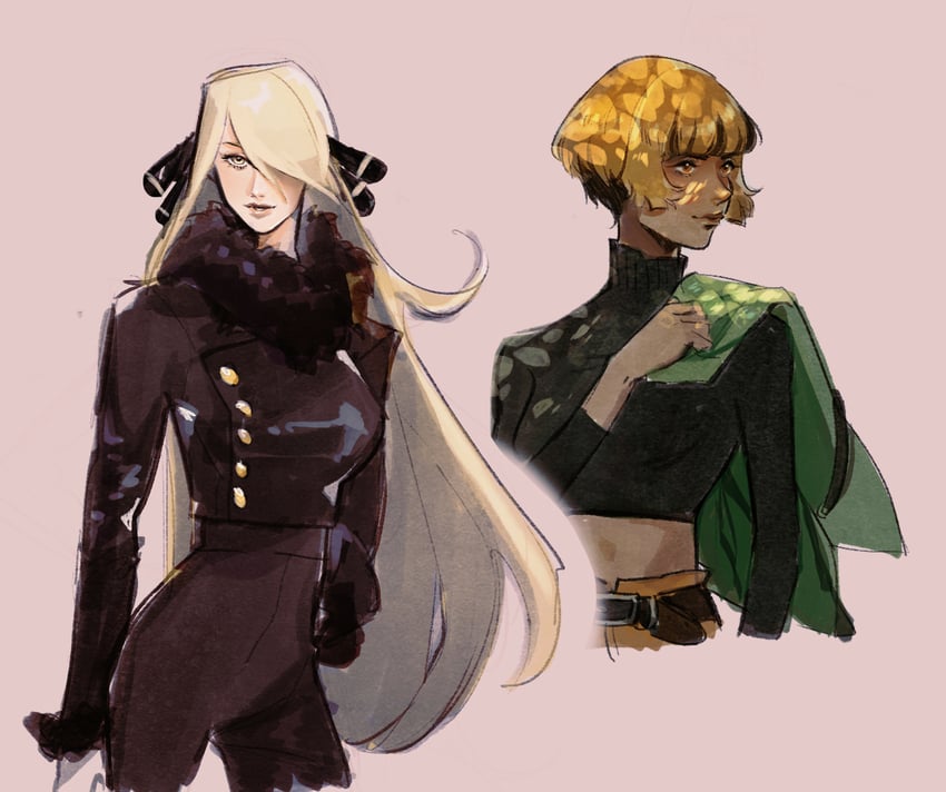 cynthia and gardenia (pokemon and 1 more) drawn by monkii_(mjooolnina)