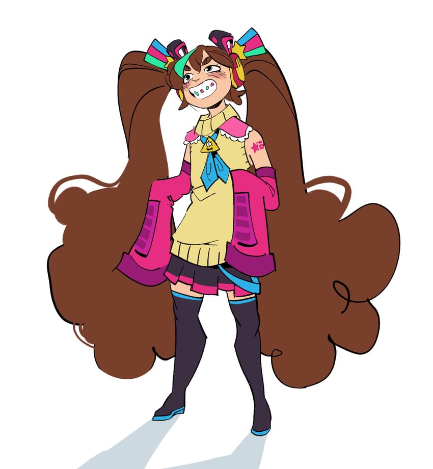 hatsune miku, mabel pines, and bill cipher (vocaloid and 1 more) drawn by stitchedspider