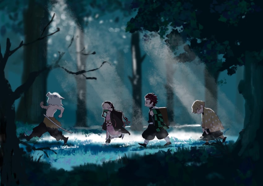 kamado nezuko, kamado tanjirou, agatsuma zenitsu, and hashibira inosuke (kimetsu no yaiba) drawn by serori_(koredemoka)