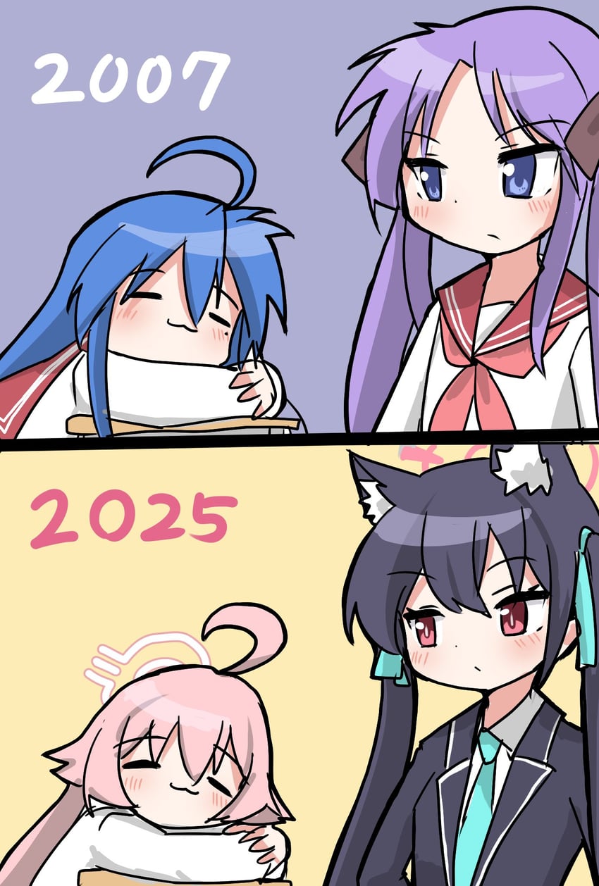 hoshino, hiiragi kagami, izumi konata, and serika (blue archive and 1 more) drawn by rokuroku1616