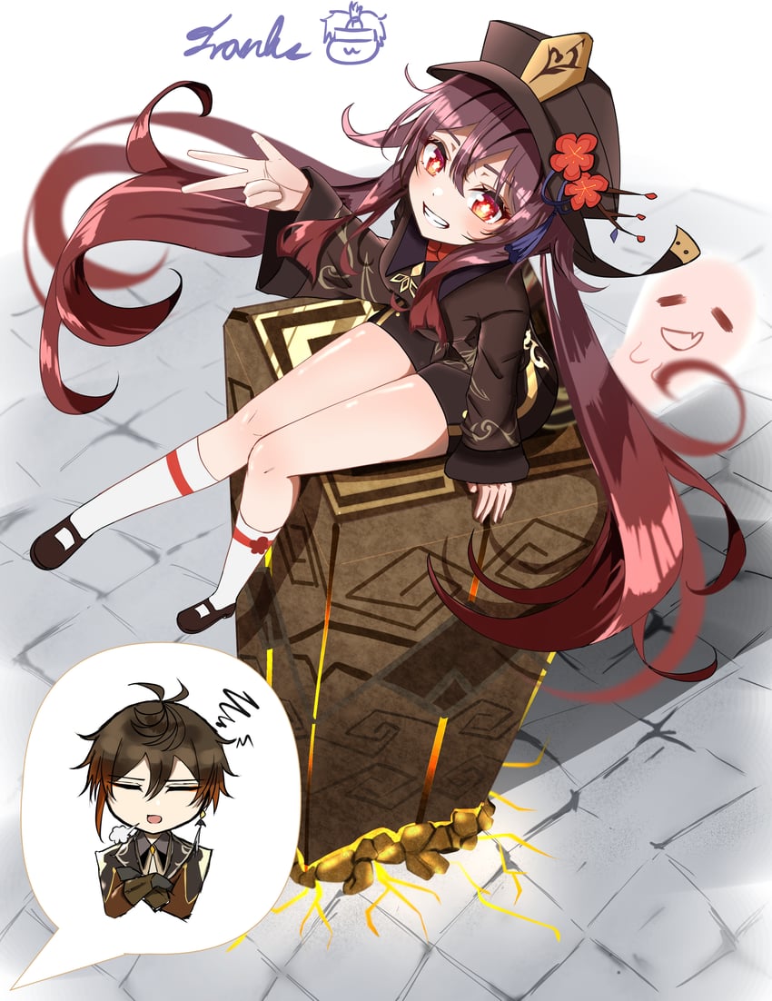 hu tao, zhongli, and boo tao (genshin impact) drawn by mrt03595138