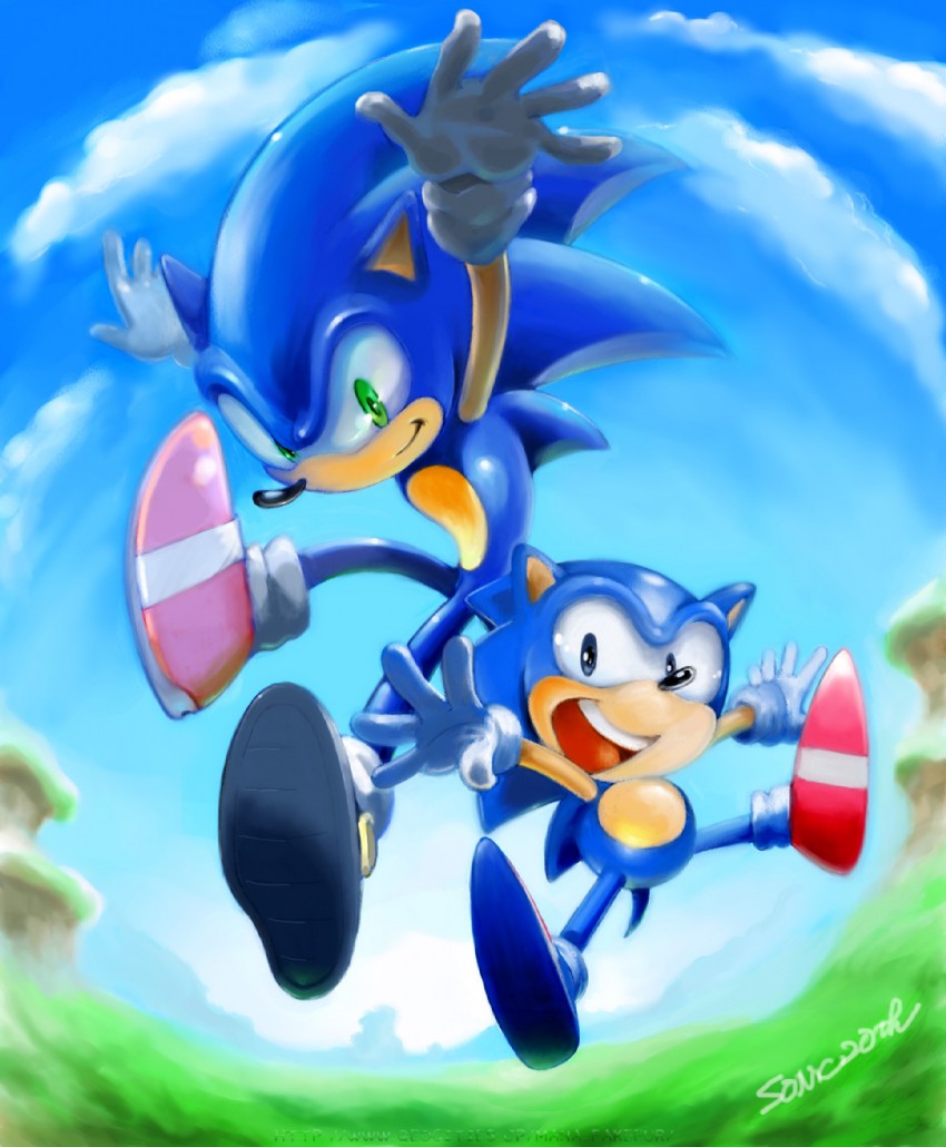 sonic the hedgehog and classic sonic (sonic and 2 more) drawn by manaita