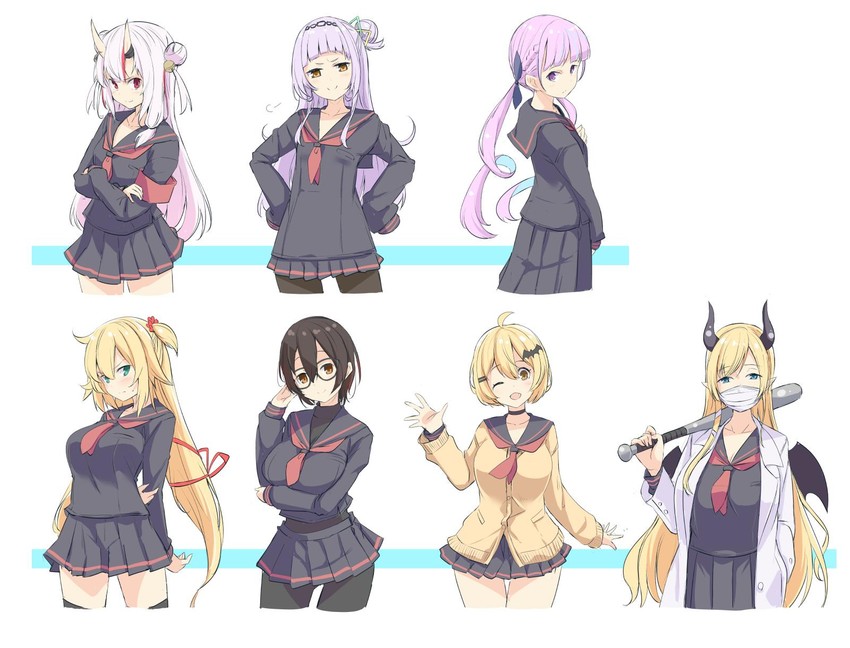 minato aqua, murasaki shion, nakiri ayame, akai haato, yuzuki choco, and 2 more (hololive) drawn by kichihachi