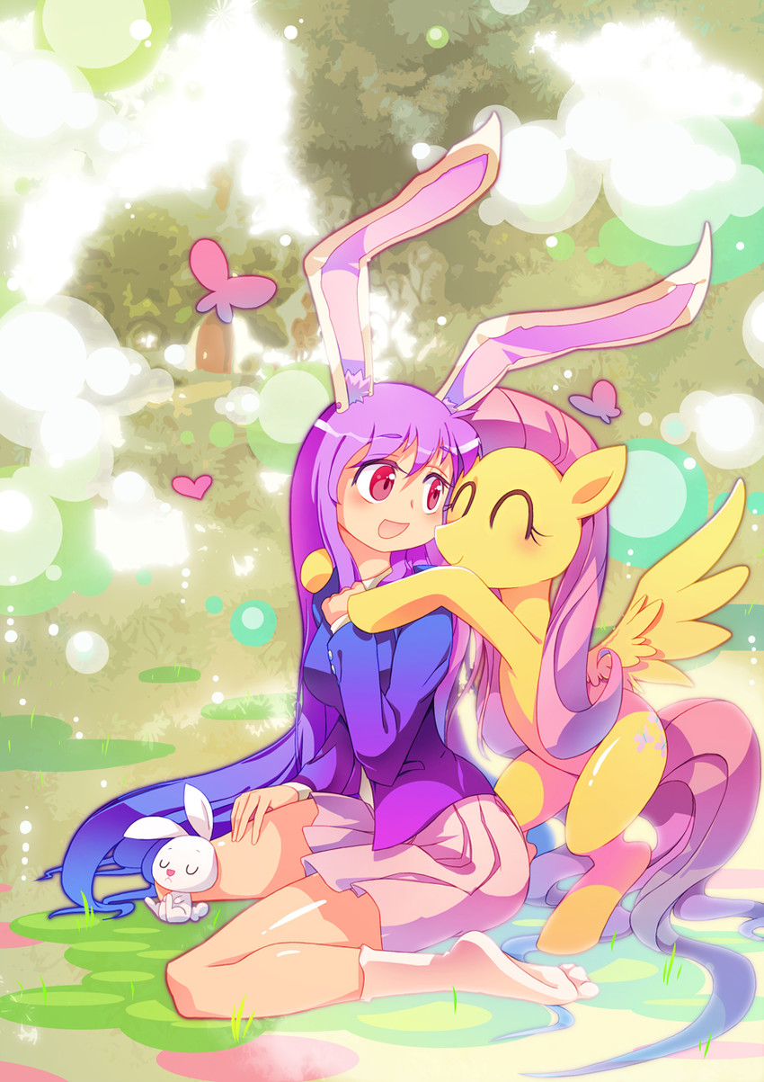 reisen udongein inaba, fluttershy, and angel bunny (touhou and 2 more) drawn by xin_yu_hua_yin