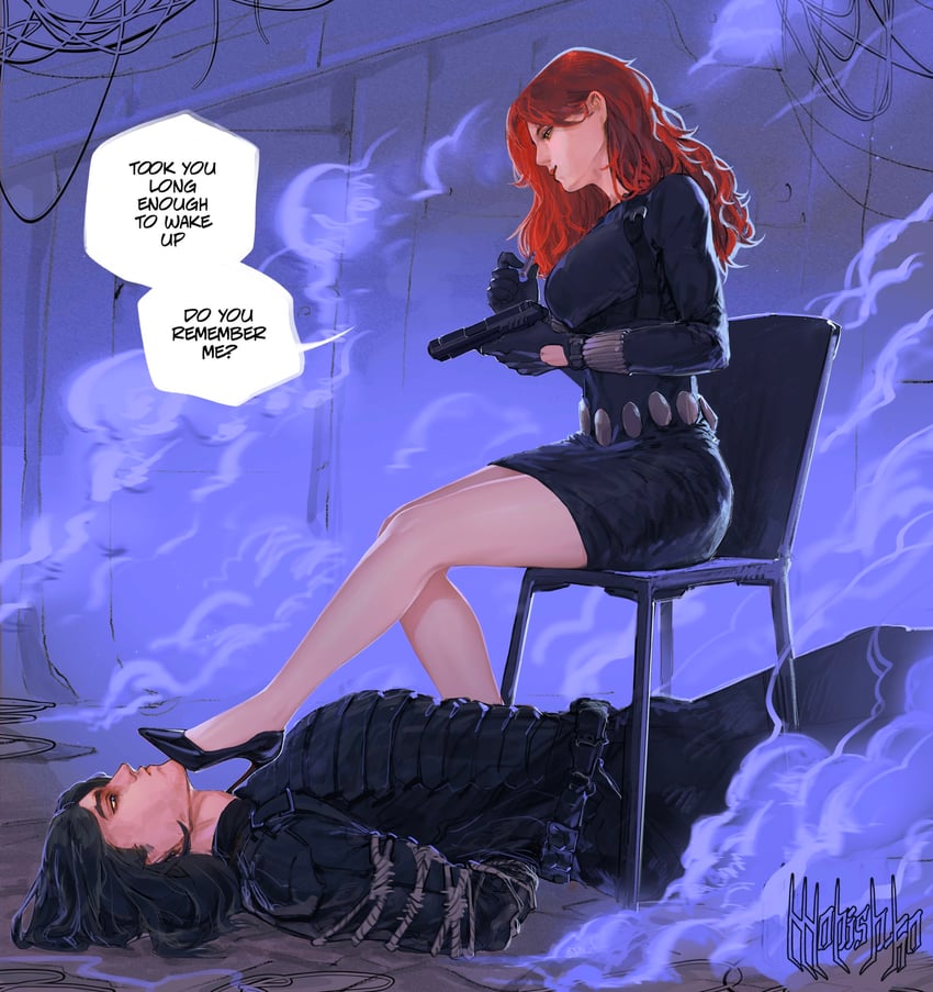 bucky barnes, winter soldier, and natasha romanoff (marvel and 1 more) drawn by mohishko