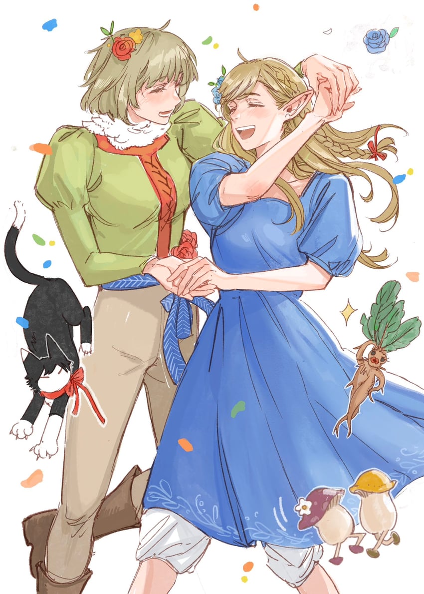 marcille donato, falin touden, izutsumi, and walking mushroom (dungeon meshi) drawn by deerwhisky