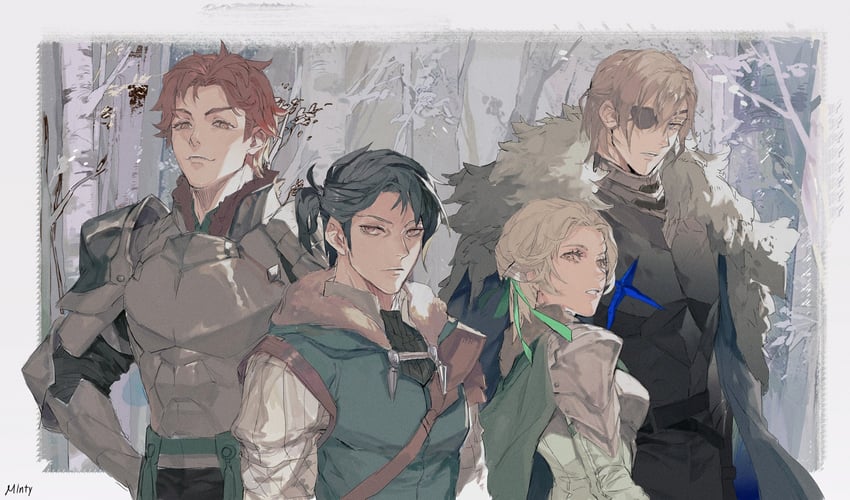 dimitri alexandre blaiddyd, ingrid brandl galatea, sylvain jose gautier, and felix hugo fraldarius (fire emblem and 1 more) drawn by minty0