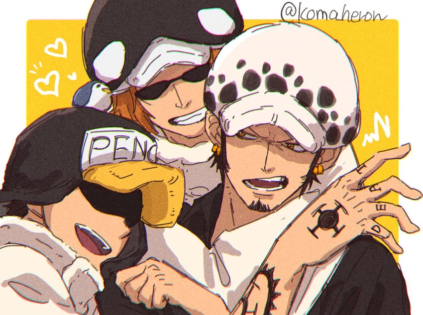 trafalgar law, penguin, and shachi (one piece) drawn by koma_heron