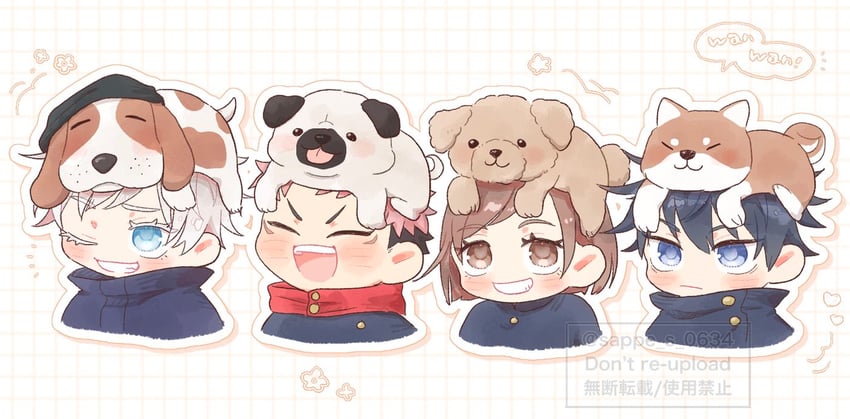 gojou satoru, itadori yuuji, fushiguro megumi, kugisaki nobara, and tasuke (jujutsu kaisen) drawn by sappe_s_0634