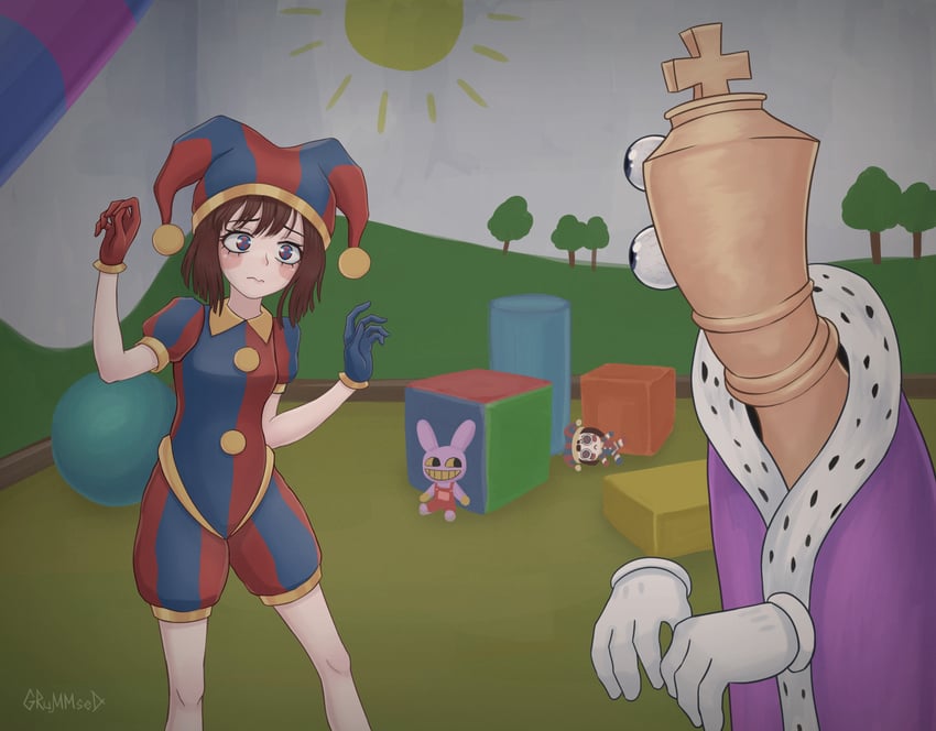 pomni, jax, and kinger (the amazing digital circus) drawn by grummsed