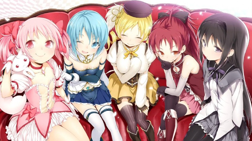 akemi homura, kaname madoka, miki sayaka, sakura kyoko, tomoe mami, and 1 more (mahou shoujo madoka magica) drawn by buriki