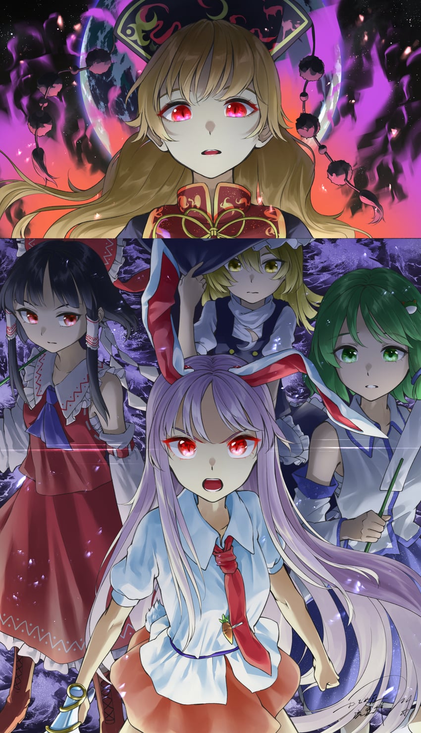 hakurei reimu, kirisame marisa, kochiya sanae, reisen udongein inaba, and junko (touhou and 1 more) drawn by otomeza_ryuseigun
