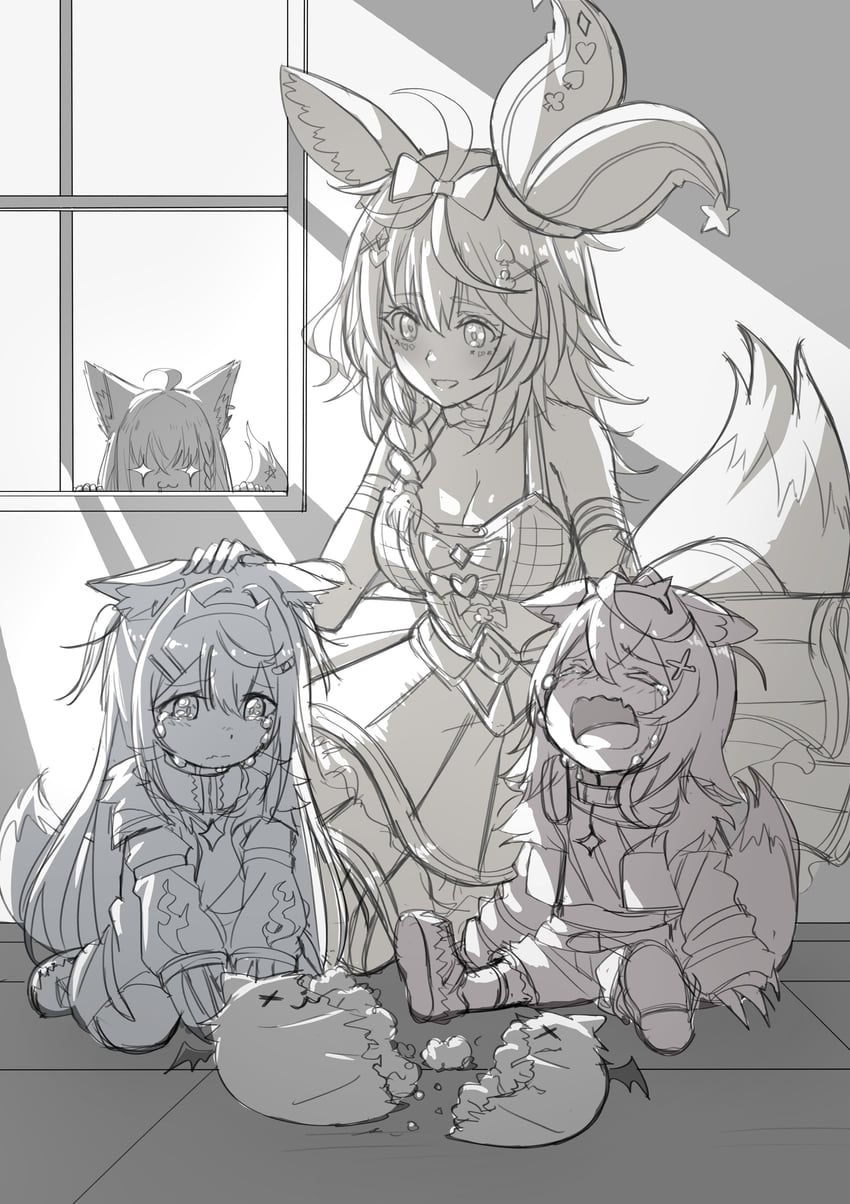 shirakami fubuki, fuwawa abyssgard, mococo abyssgard, omaru polka, and perroccino (hololive and 1 more) drawn by kay_yu