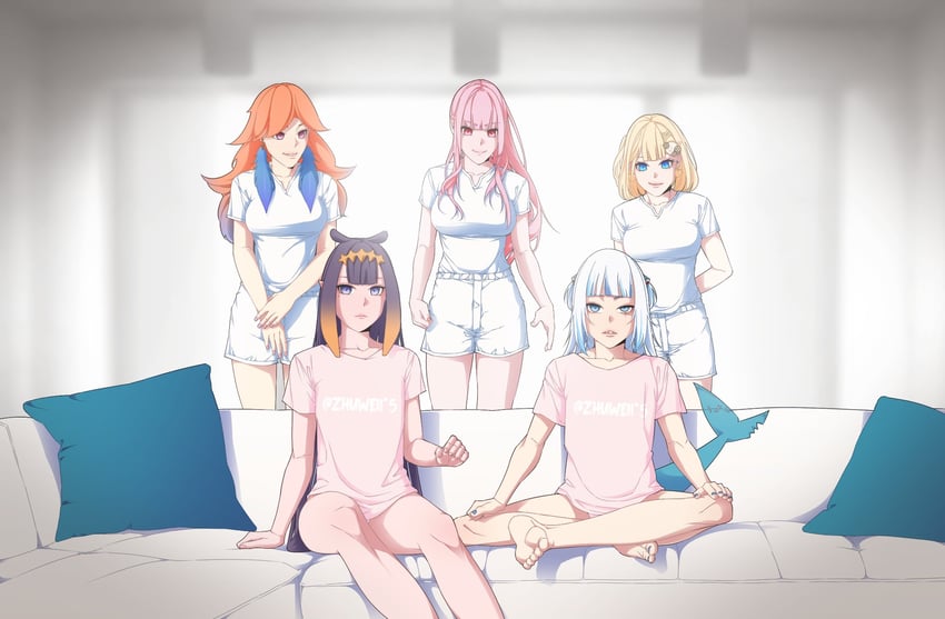 gawr gura, mori calliope, ninomae ina'nis, takanashi kiara, and watson amelia (hololive and 1 more) drawn by zhuweii