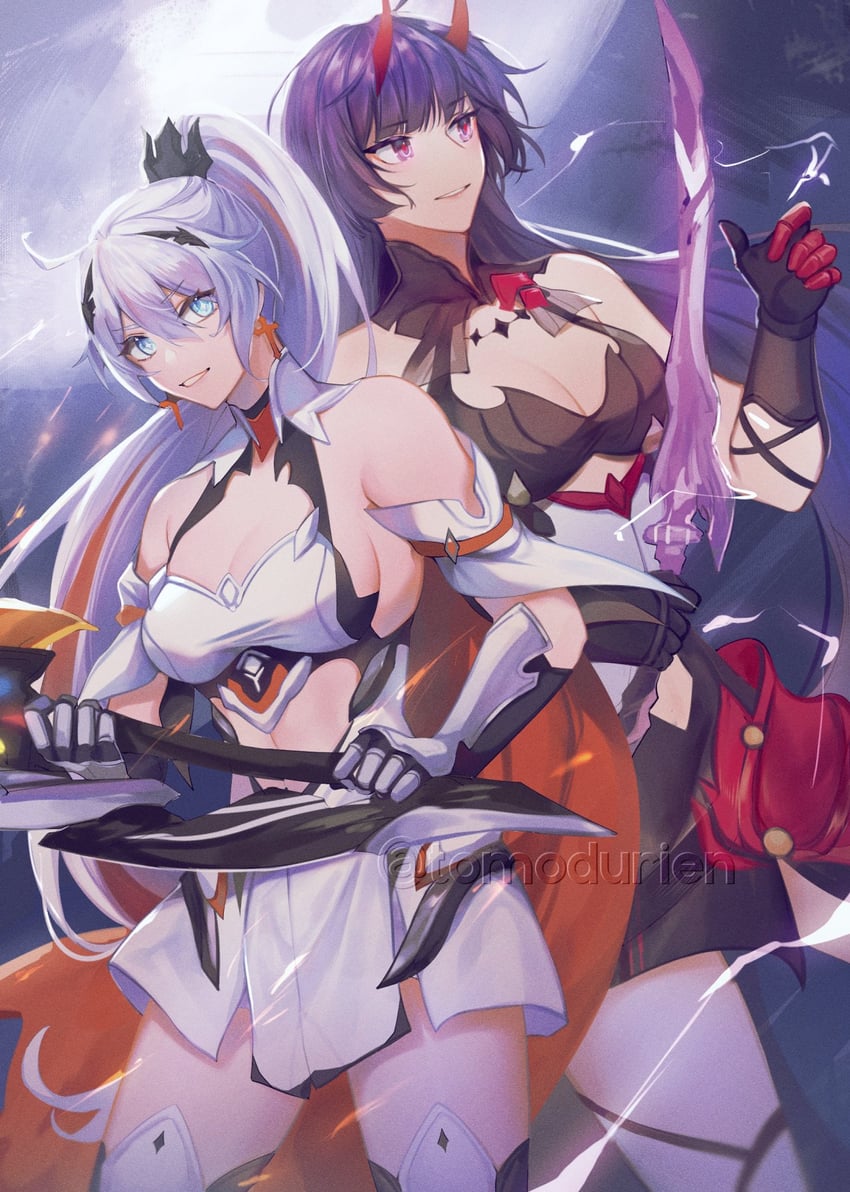 kiana kaslana and raiden mei (honkai and 1 more) drawn by tomodurien