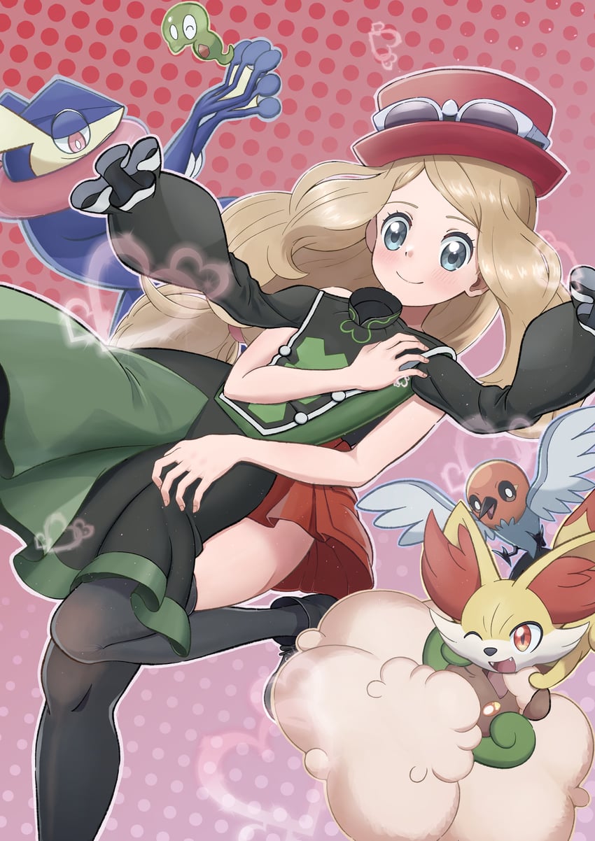serena, fennekin, greninja, whimsicott, fletchling, and 2 more (pokemon and 2 more) drawn by dosya_252