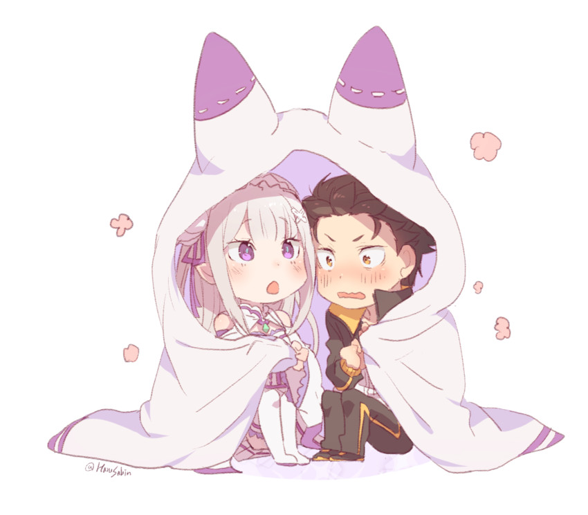 emilia and natsuki subaru (re:zero kara hajimeru isekai seikatsu) drawn by harusabin