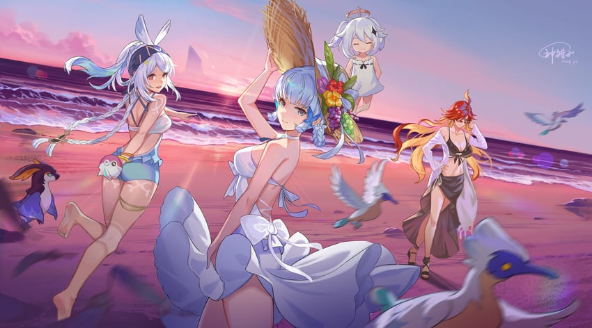 paimon, kamisato ayaka, mavuika, mualani, and koholasaurus (genshin impact) drawn by god_hunter