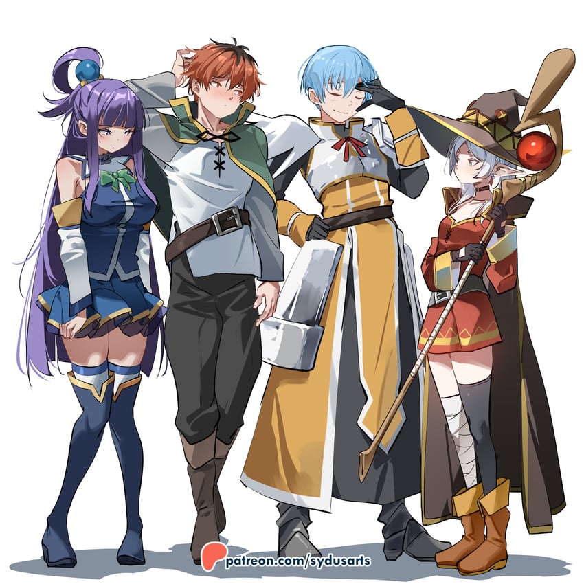 frieren, megumin, fern, aqua, darkness, and 3 more (kono subarashii sekai ni shukufuku wo! and 1 more) drawn by sydus