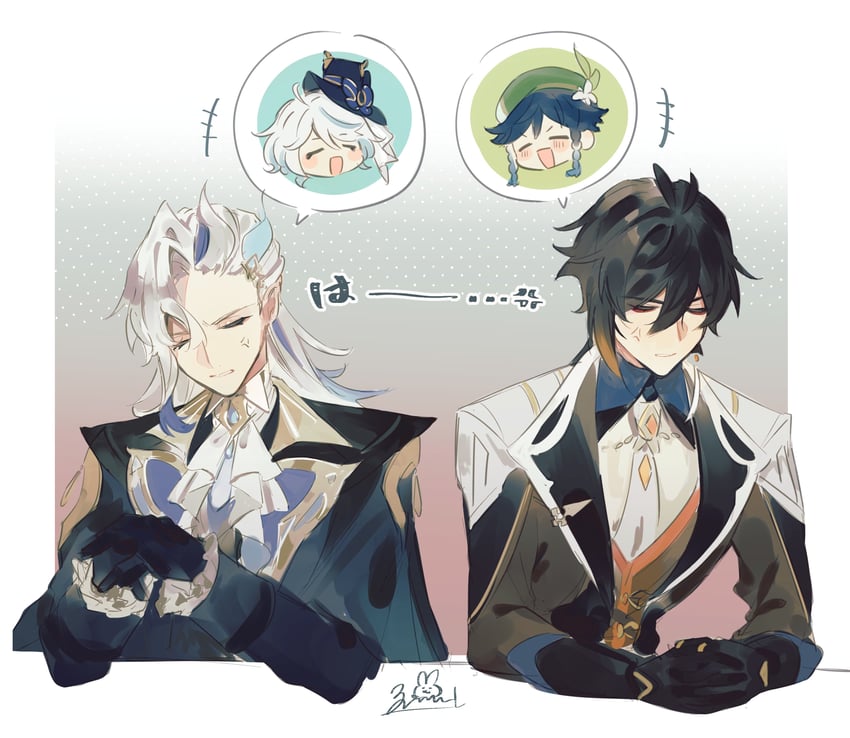 furina, zhongli, venti, and neuvillette (genshin impact) drawn by zoo_min
