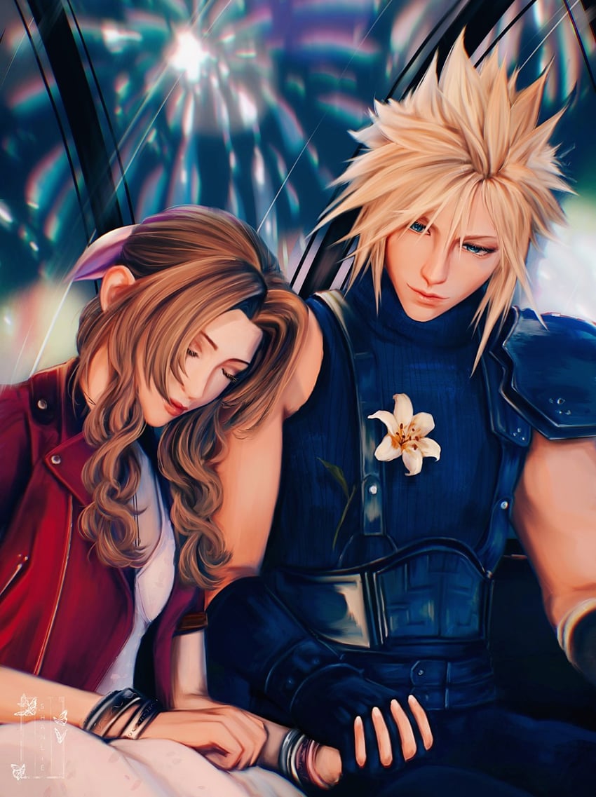 cloud strife and aerith gainsborough (final fantasy and 3 more) drawn by shanlieart