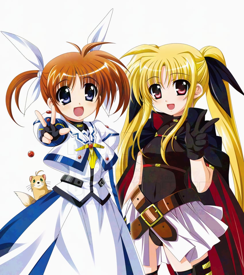 fate testarossa, takamachi nanoha, raising heart, and yuuno scrya (lyrical nanoha and 2 more) drawn by higa_yukari