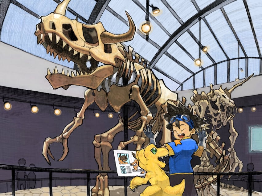 yagami taichi, agumon, greymon, and skullgreymon (digimon and 1 more) drawn by analog_boy02