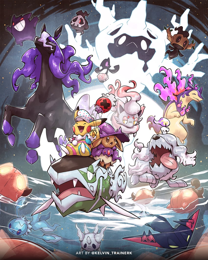pikachu, eevee, gengar, drifloon, mismagius, and 14 more (pokemon) drawn by kelvin-trainerk
