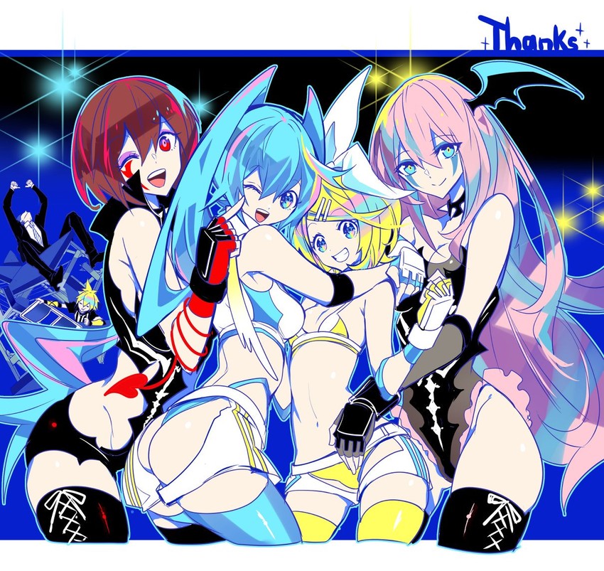 hatsune miku, kagamine rin, kagamine len, megurine luka, kaito, and 1 more (vocaloid and 1 more) drawn by manbou_no_ane