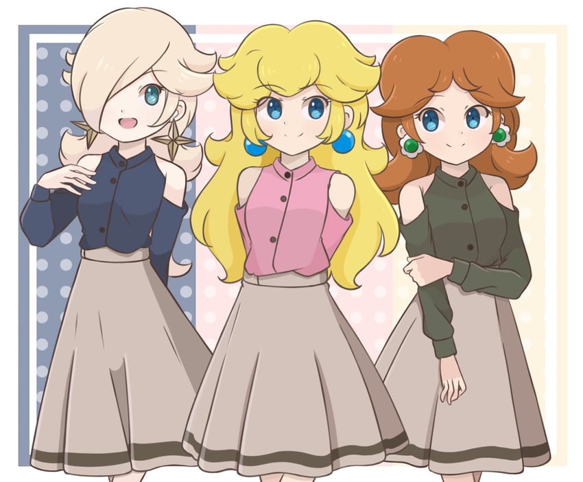 princess peach, rosalina, and princess daisy (mario) drawn by chocomiru