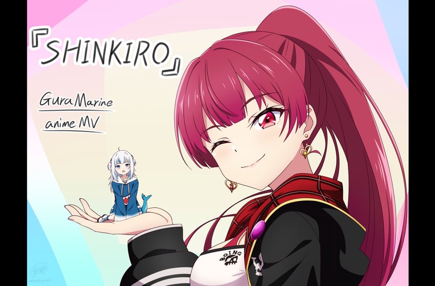 houshou marine and gawr gura (hololive and 2 more) drawn by ken-ji